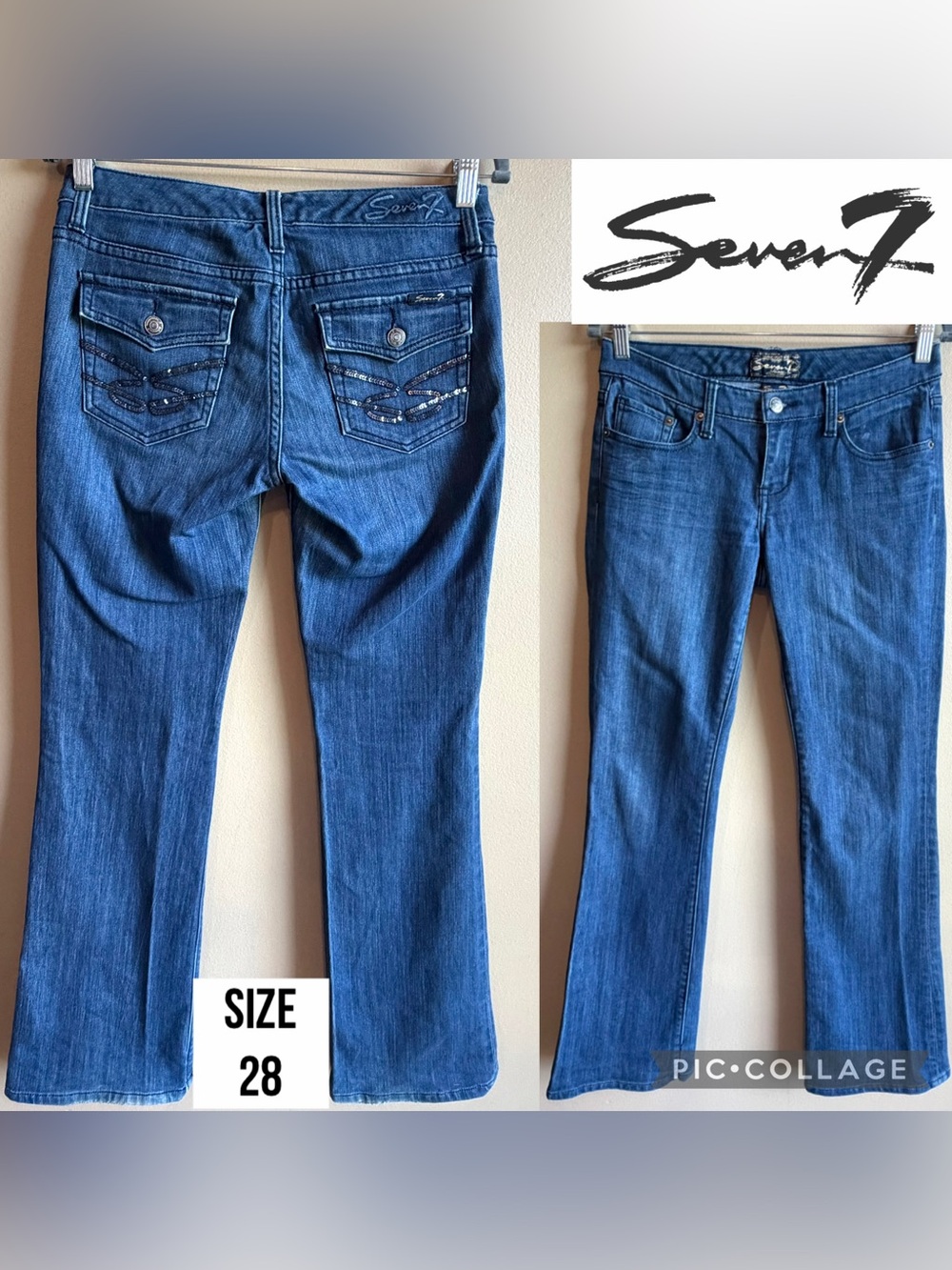 Seven7 Womens Jeans Bootcut Sequin Logo Buttoned Pockets Low Rise 33” Inseam 28